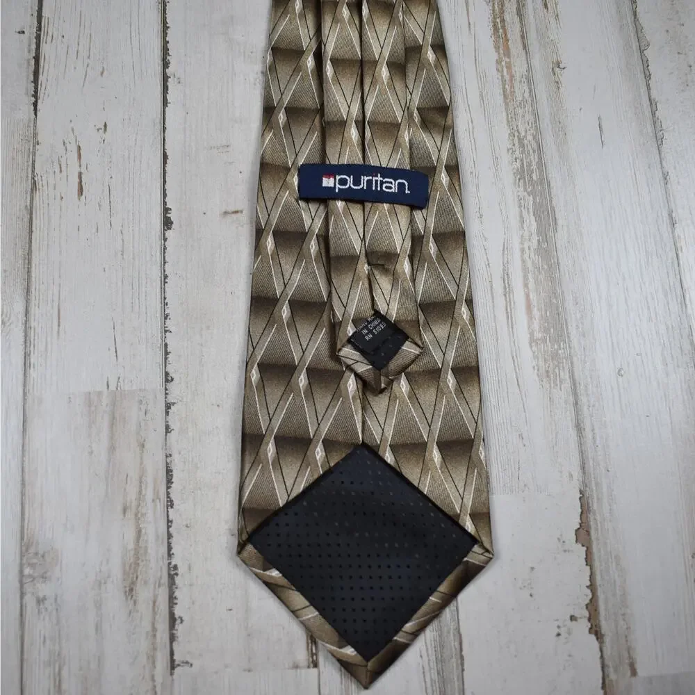 Men's Clip On Neck Tie Dark Beige Diamond Pattern Men's 19